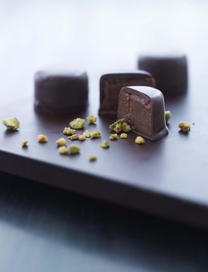 Chocolate pralines with pistachios
