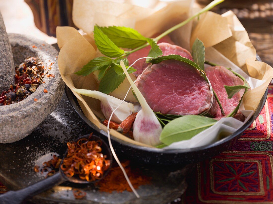 Fresh beef fillet with herbs and spices