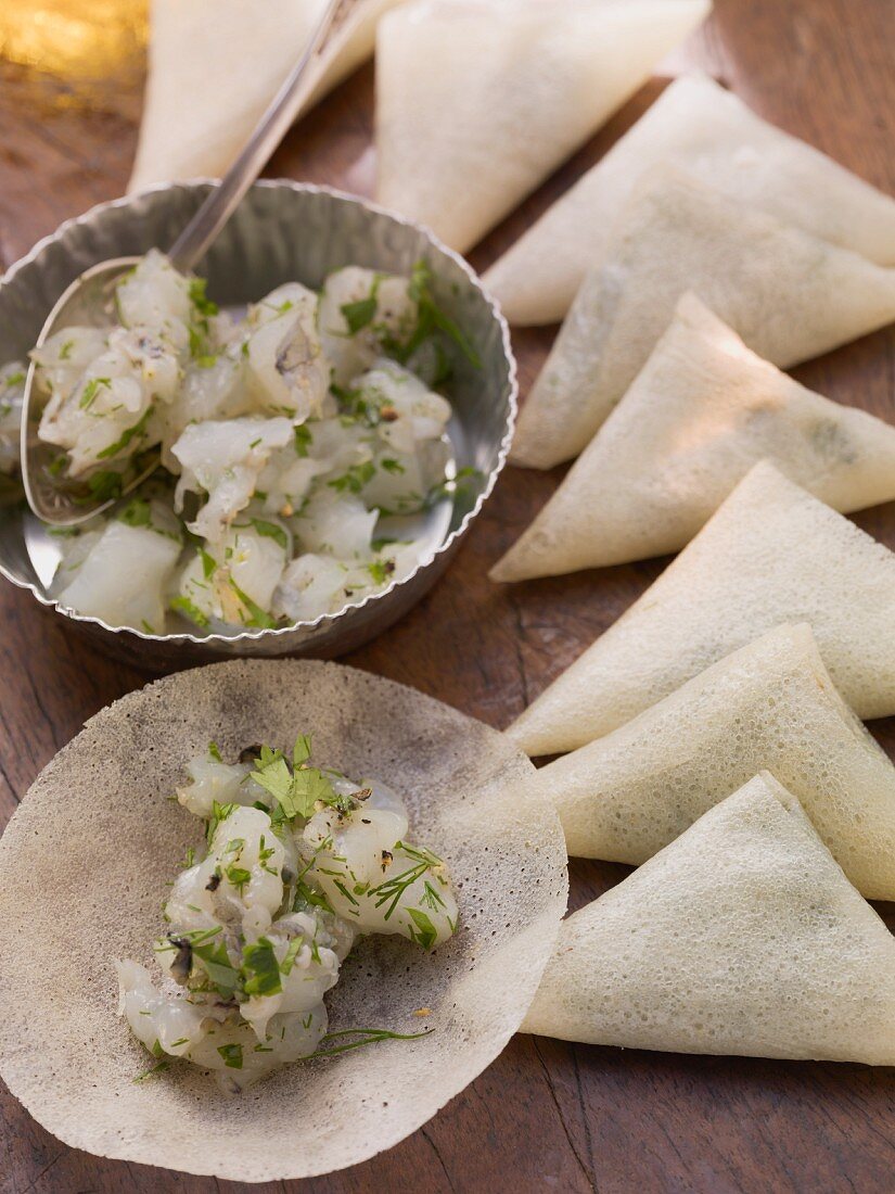 Prawn samosas being prepared