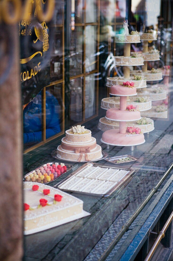 Elegant cakes in a bakery