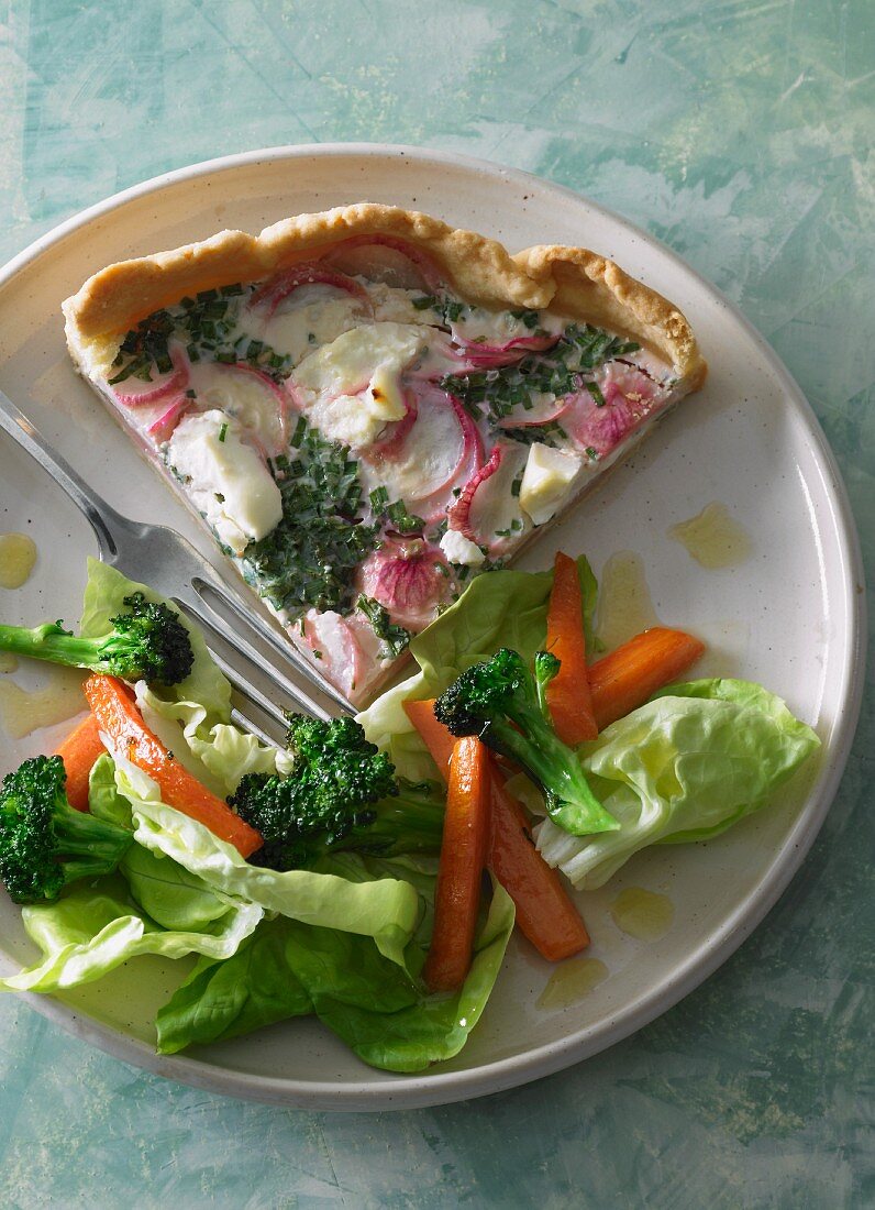 Radish and chive quiche with a side salad