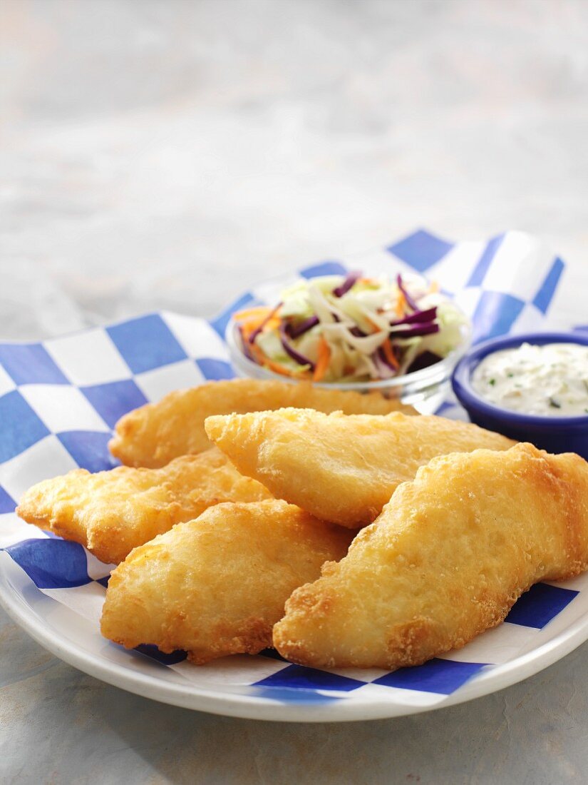 Battered and Fried Cod with Tarter Sauce and Slaw