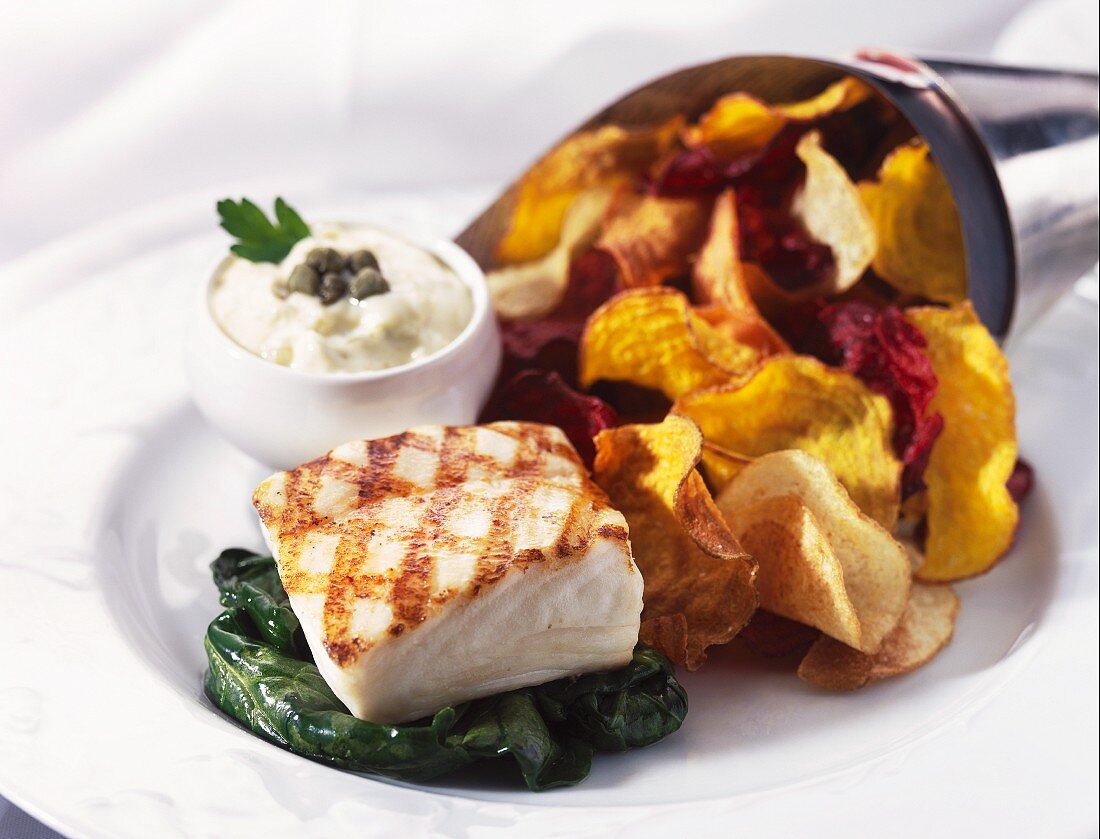Grilled Cod on Wilted Greens with Veggie Chips