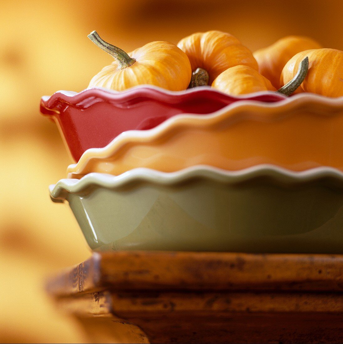 Mini Pumpkins in Stacked Pie Dishes