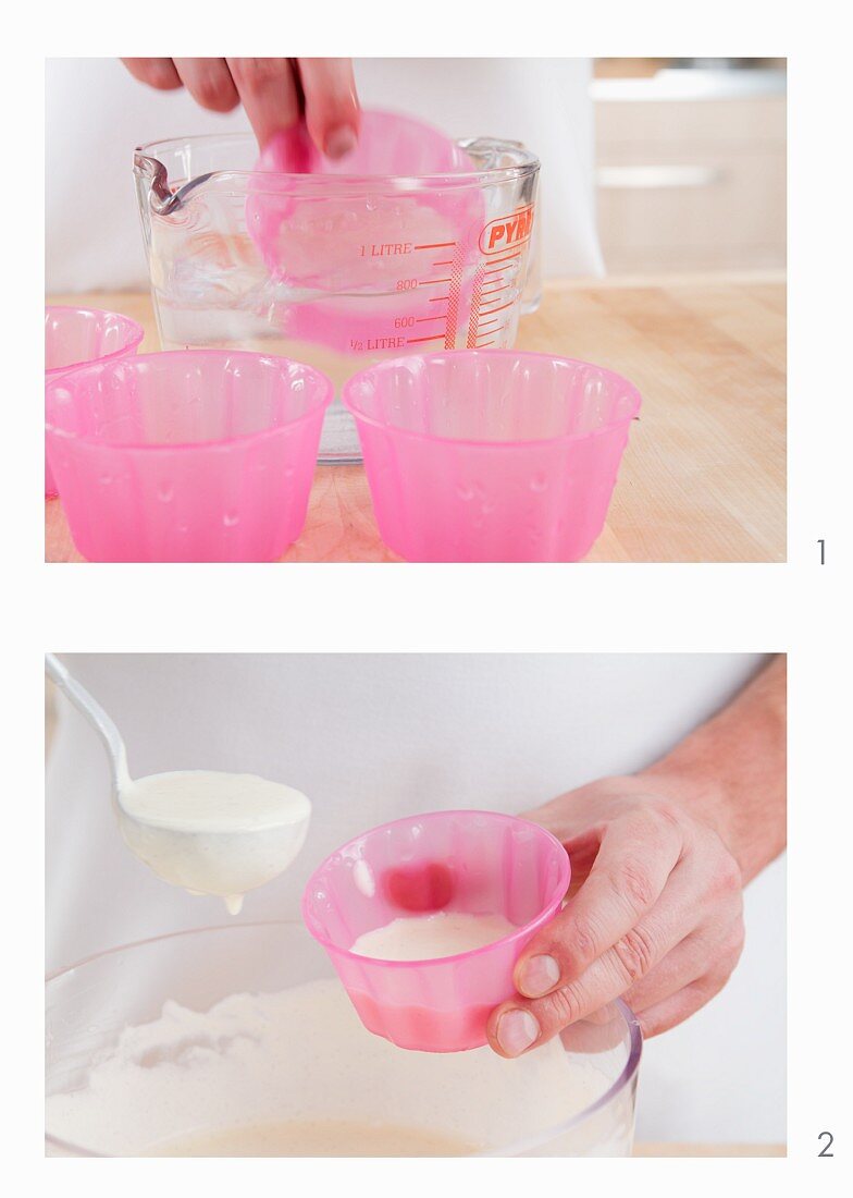 Vanilla pudding being poured into dessert bowls
