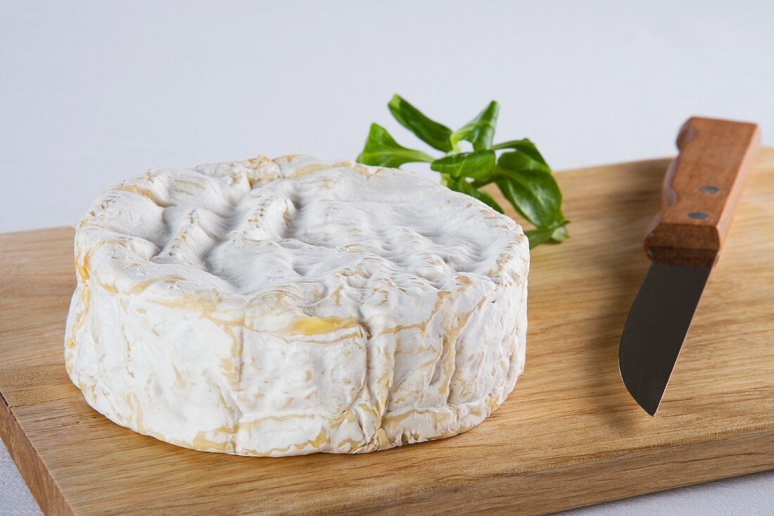 Camembert and a knife on a chopping board