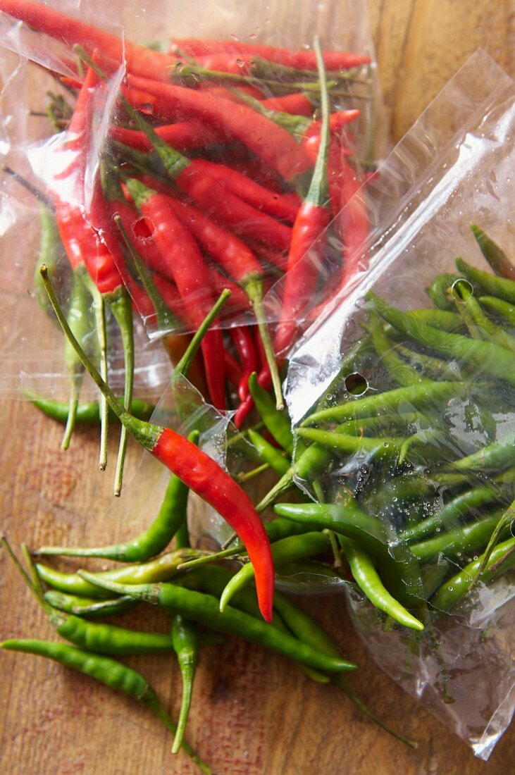 Red and green chilli peppers in a freezer bag