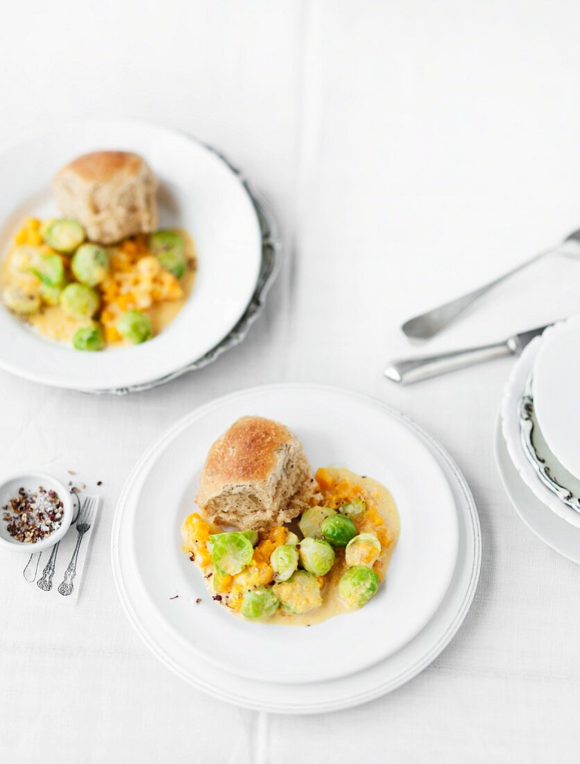 Brussels sprout and pumpkin medley with herb yeast dumplings