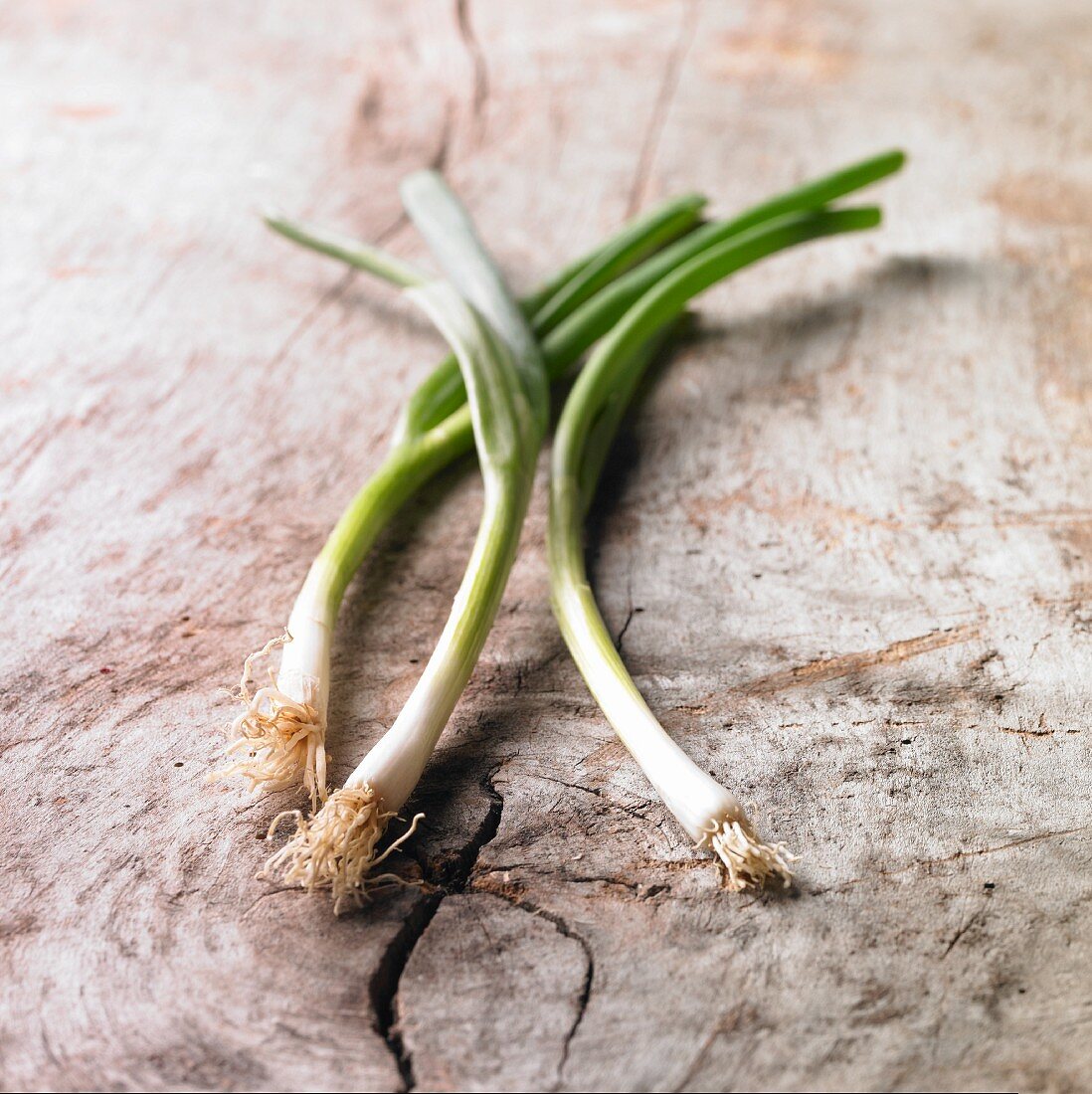 Three spring onions on a wooden surface