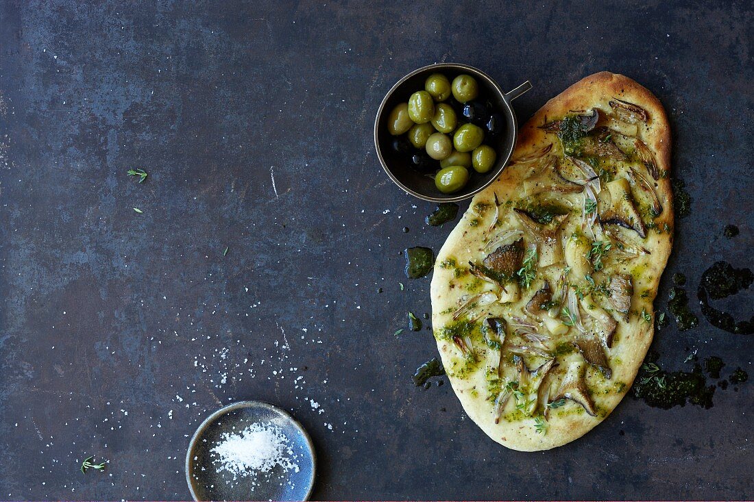 Focaccia with king trumpet mushrooms and thyme