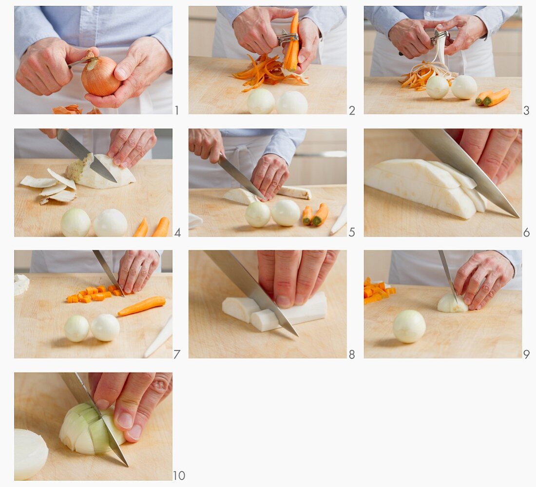 Onions, carrots and celeriac being washed and chopped