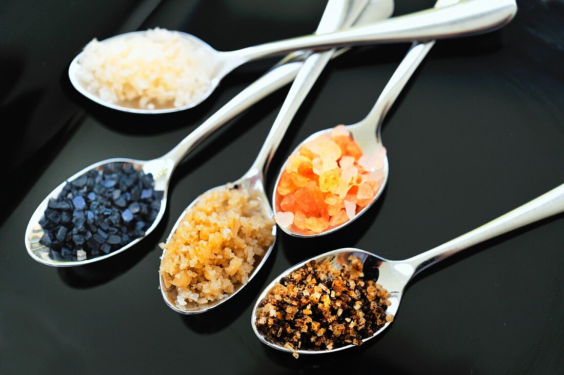 Spoonfuls of various types of salt