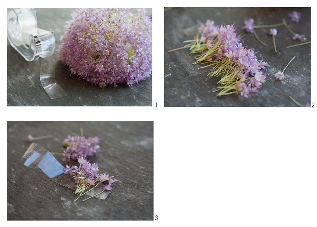 A decorative table ribbon being made from allium flowers