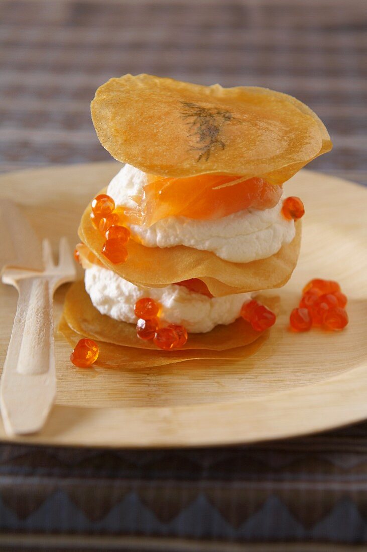 Mille feuilles with mascarpone, smoked salmon and caviar