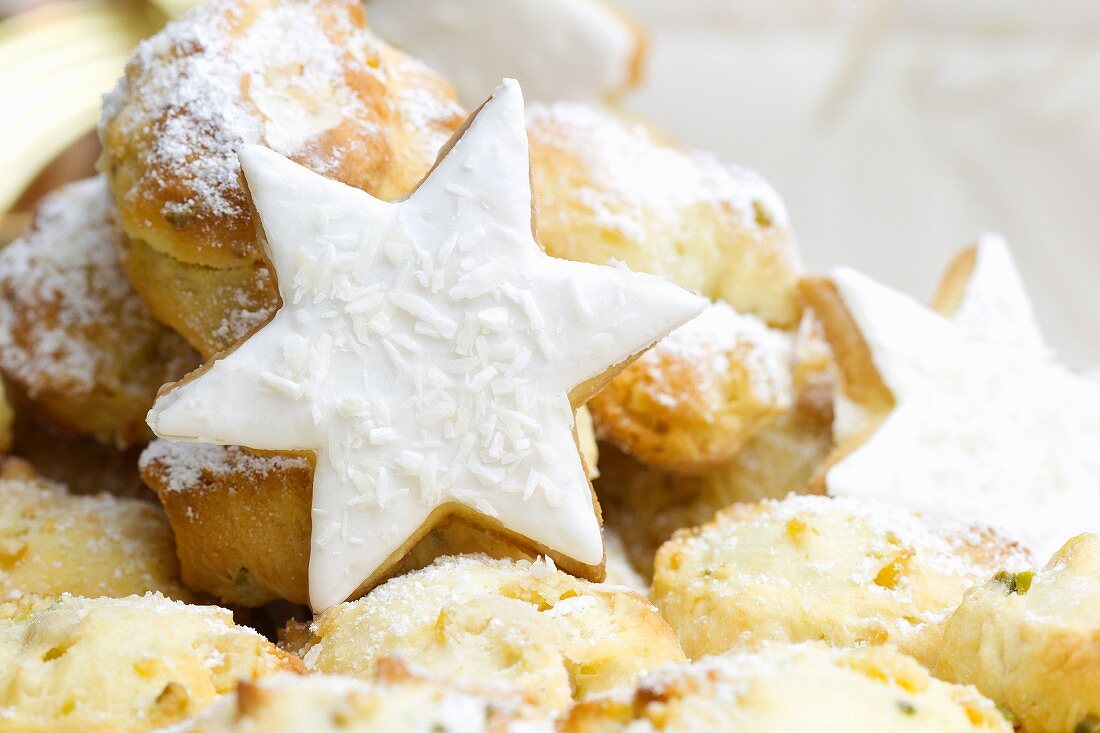 Stollen bites and star-shaped biscuits topped with coconut