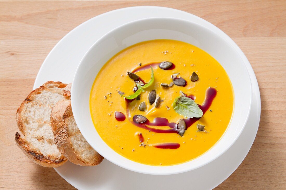 Cream of pumpkin soup with pumpkin seeds