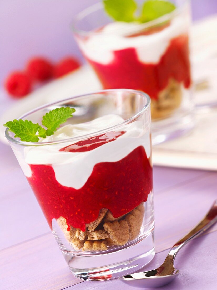 Layered dessert with biscuits, raspberry puree and yogurt