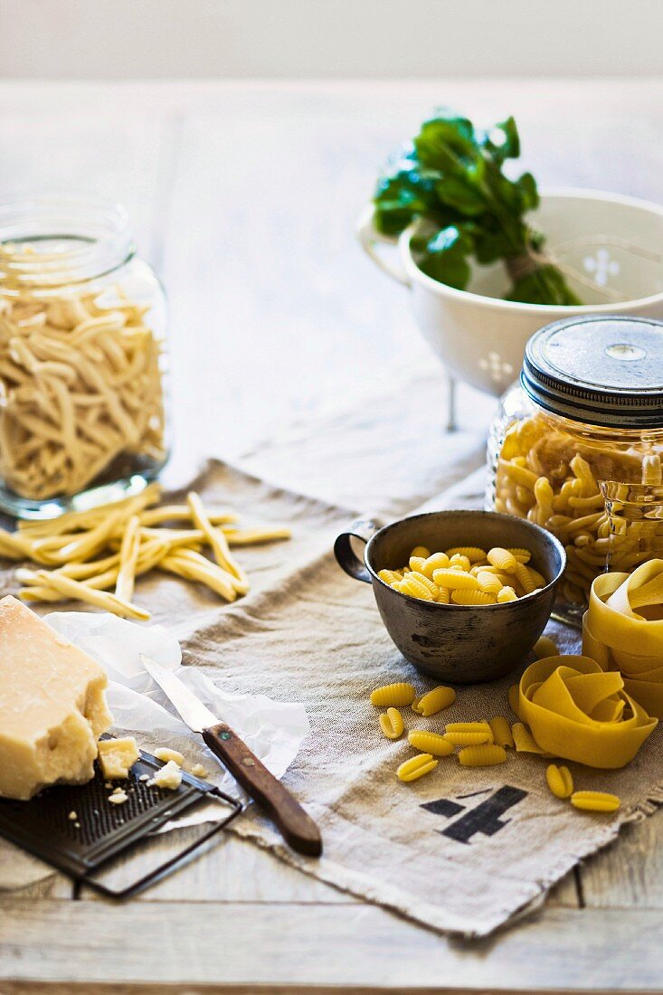 Various types of pasta with Parmesan cheese