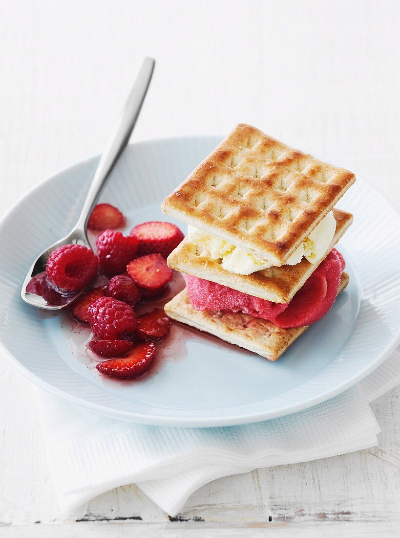 Waffle sandwiches with raspberry and vanilla ice cream