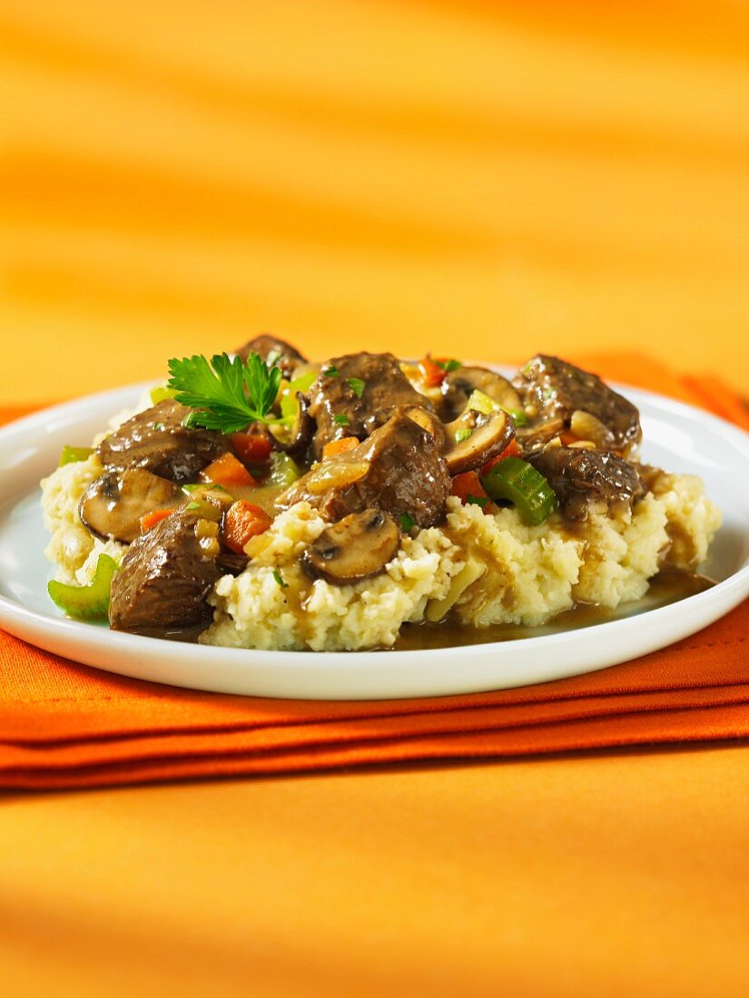 Beef and mushroom ragout with mashed potatoes