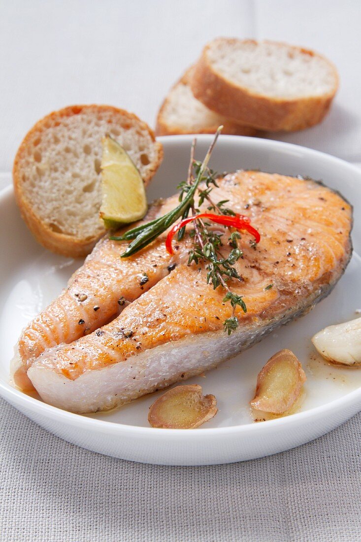 Fried salmon steak