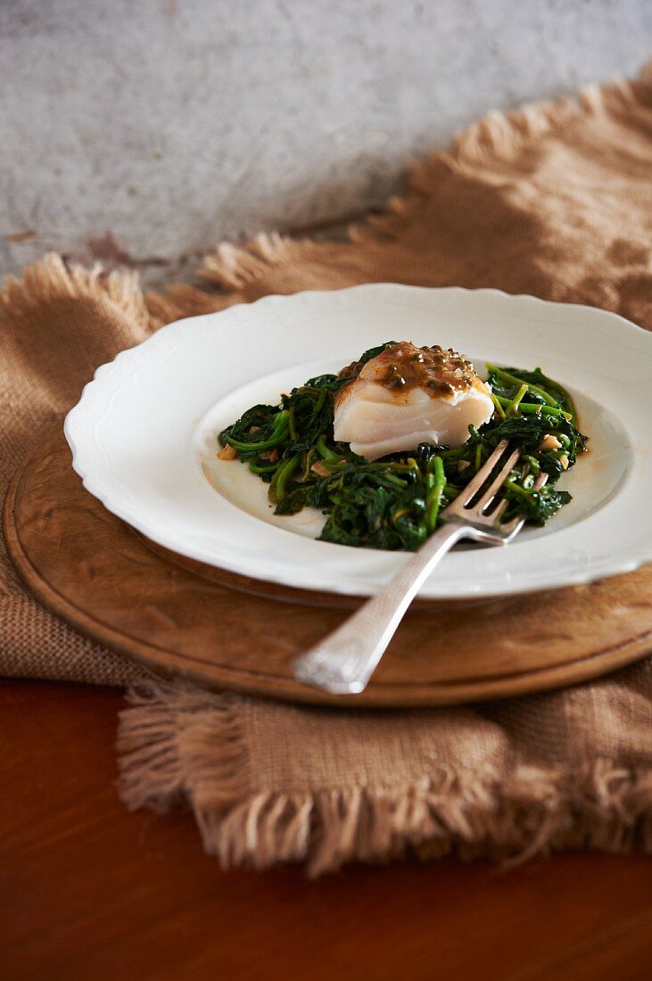 Halibut Poached in Duck Fat on a Bed of Sauteed Spinach