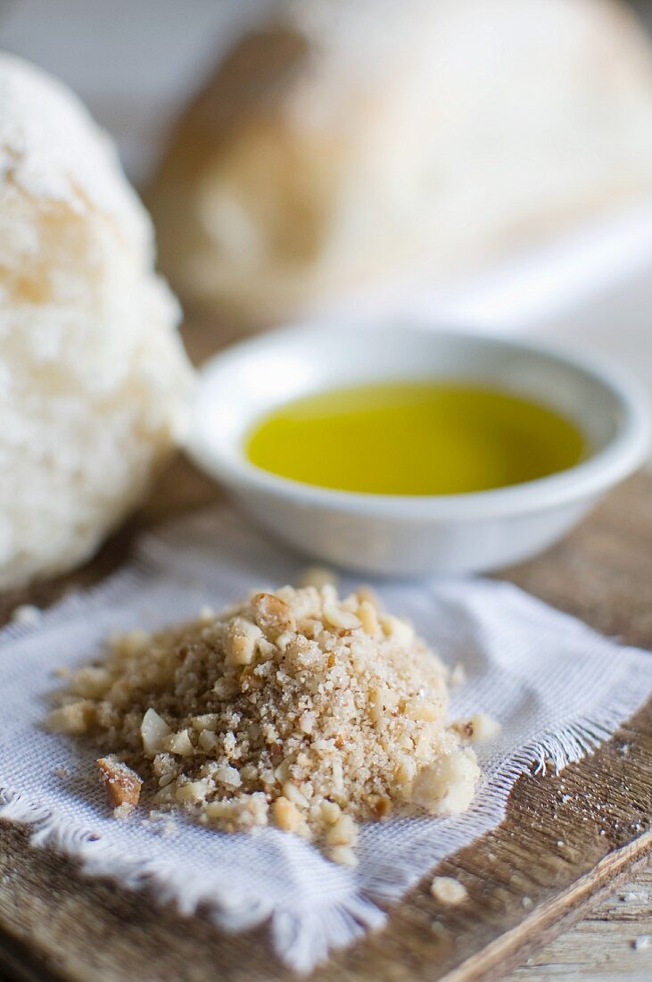 Dukkah, white bread and a bowl of olive oil