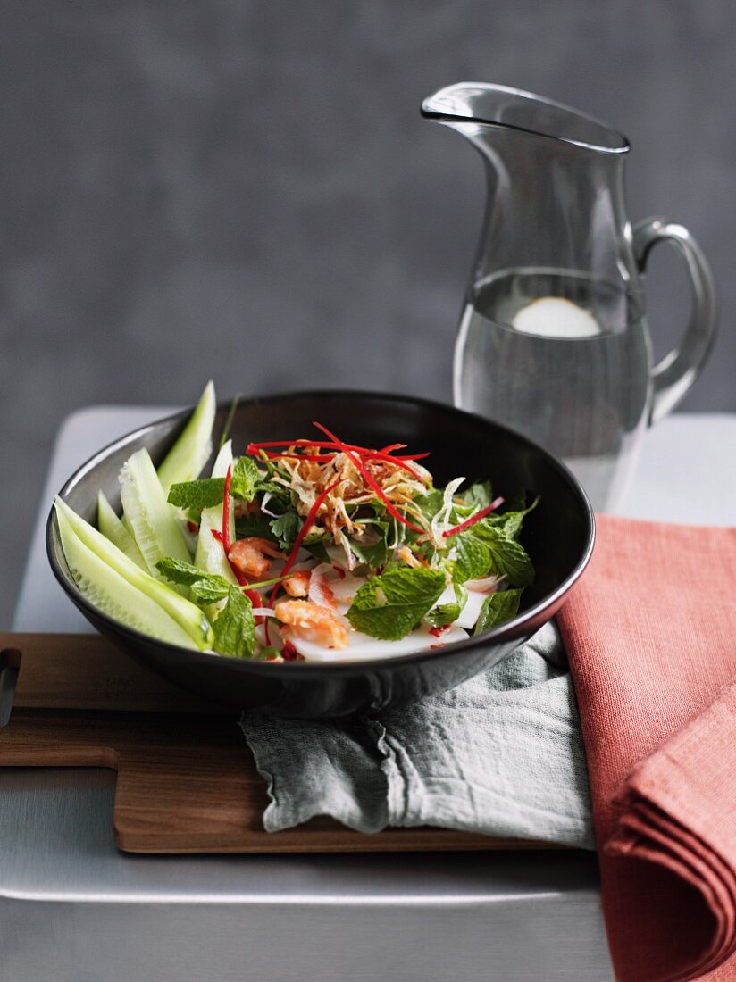Vietnamese rice noodles with dried prawns and cucumber