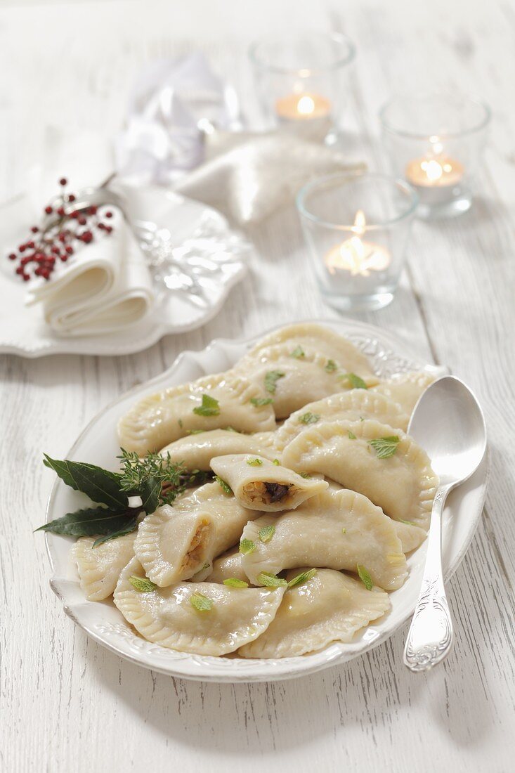 Pierogi filled with lentils and mushrooms for Christmas