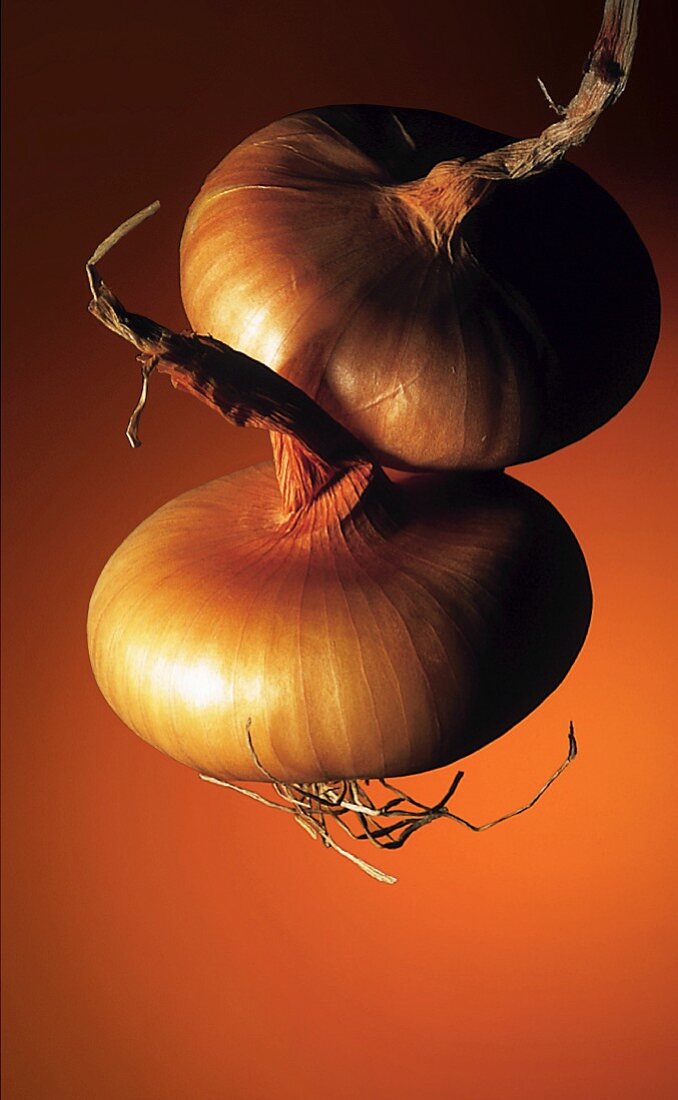 Two onions against a brown surface