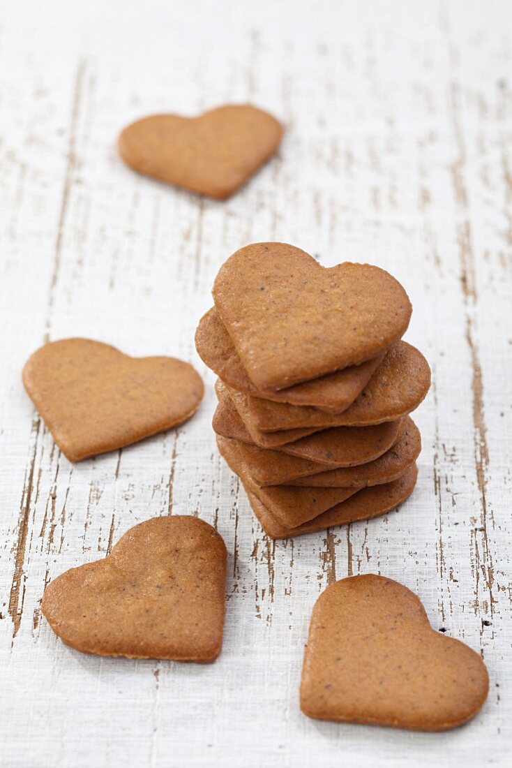A stack of heart-shaped gingerbread biscuits