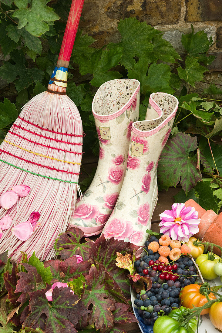 Broom, Wellington boots and freshly harvested grapes and tomatoes