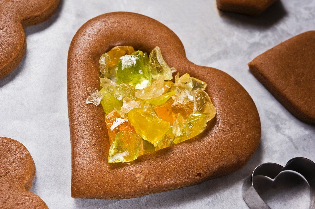 A gingerbread heart filled with crushed fruit sweets