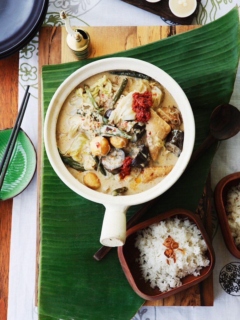 Sayur lemack (Malaysian vegetable in coconut milk) with coconut rice