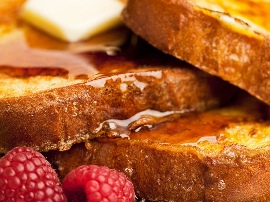 French Toast with Maple Syrup and Raspberries; Close Up