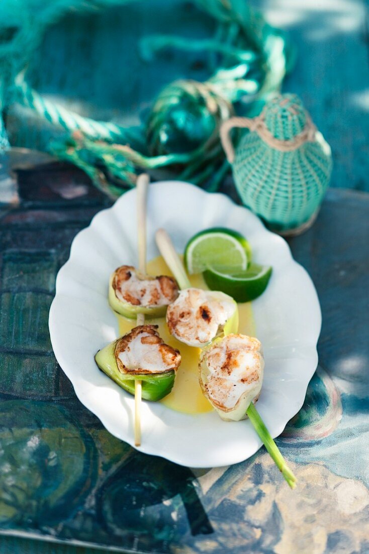 Monk fish and lemon grass kebabs in a lime sauce