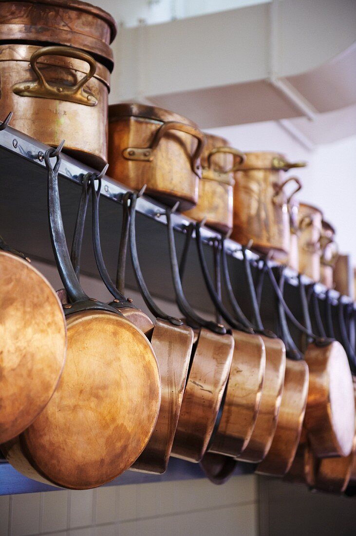 Copper pots in a commercial kitchen