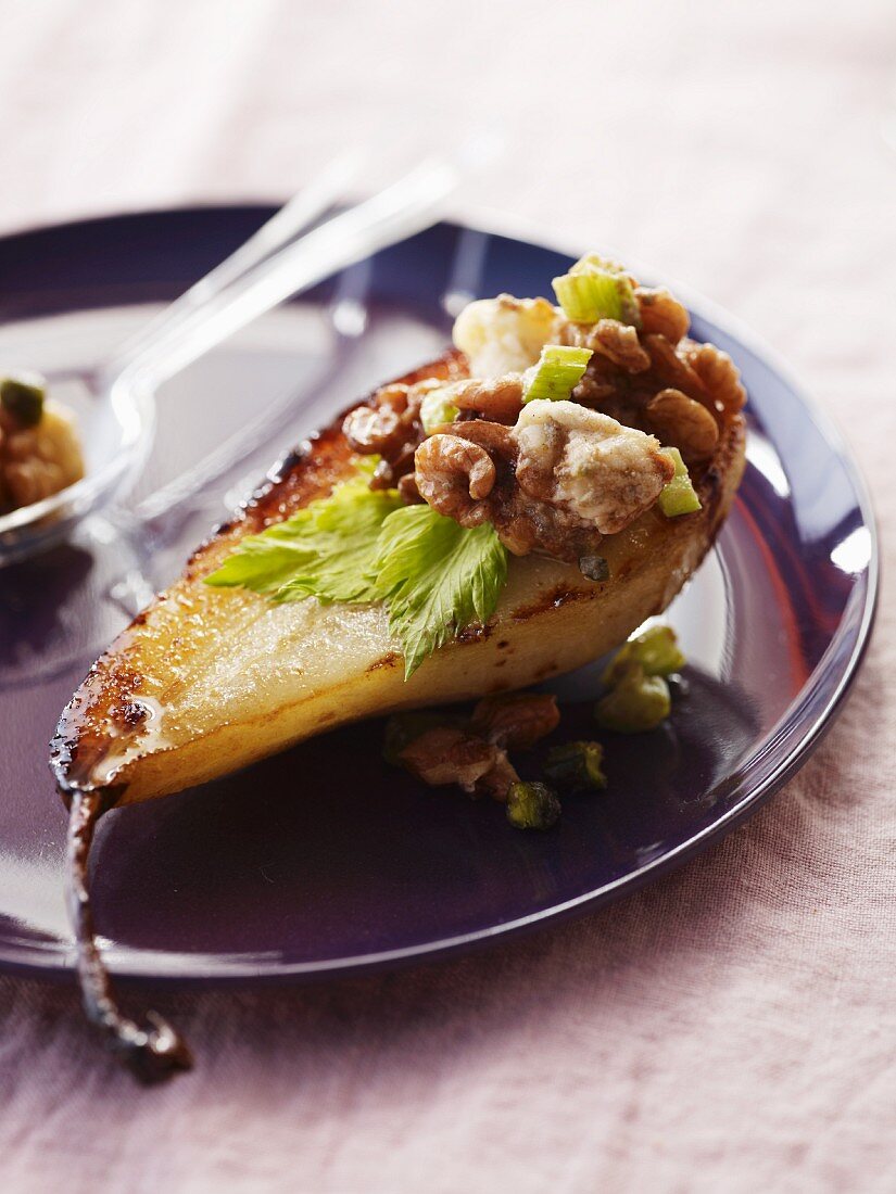 Pears with celery, Roquefort cheese and nuts