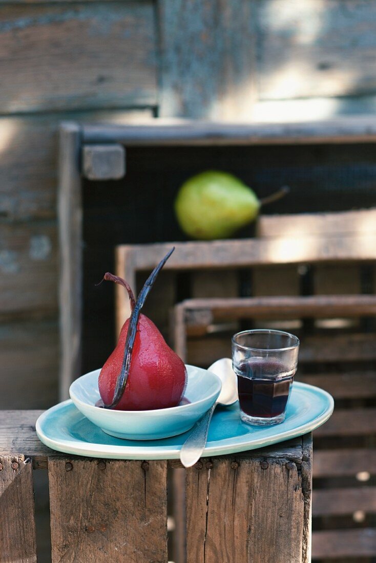 Red wine pears with a vanilla pod