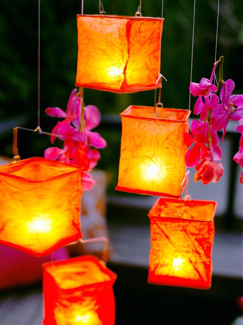 Lanterns on terrace at dusk