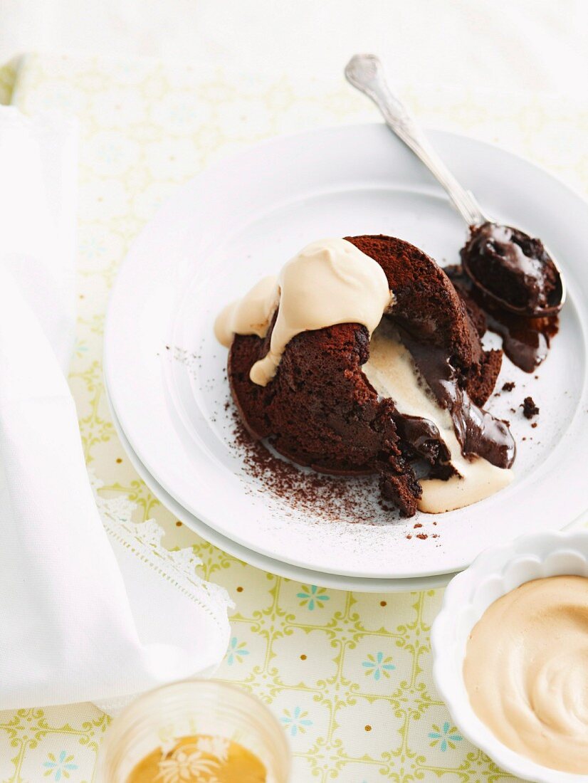 Chocolate fondant pudding with coffee cream