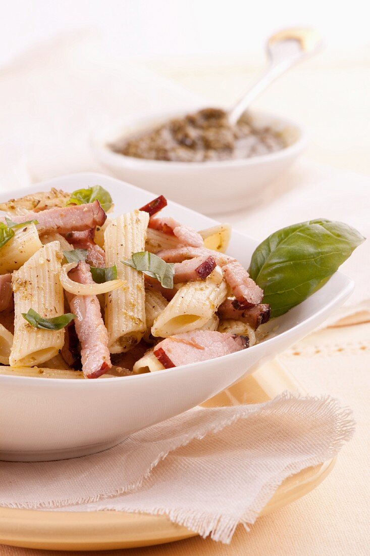 Penne with bacon and pesto