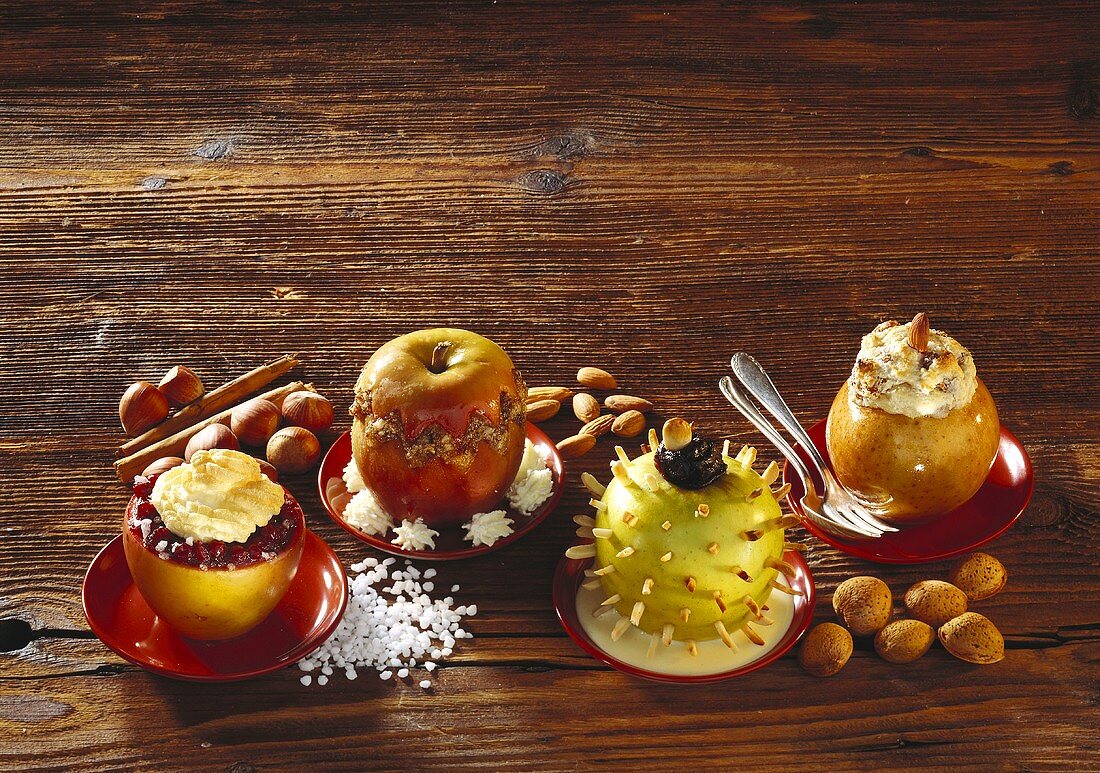 Various baked apples & apple with marzipan stuffing & almonds