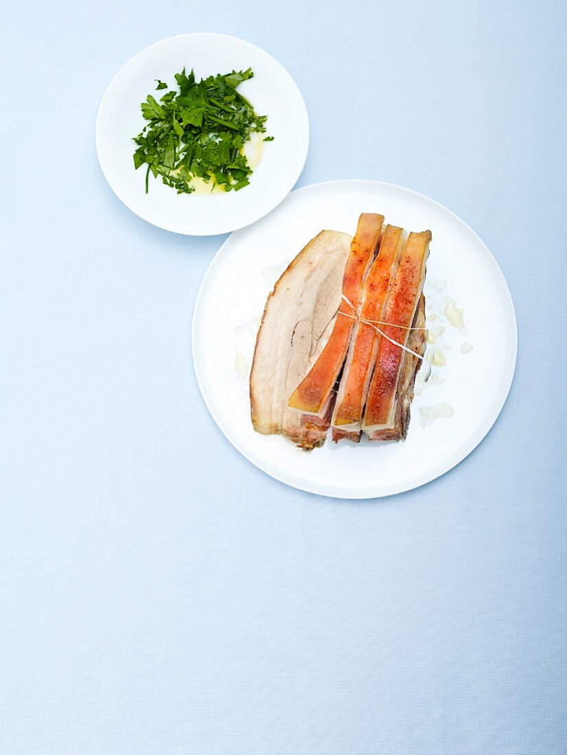 Pork belly with herb salad