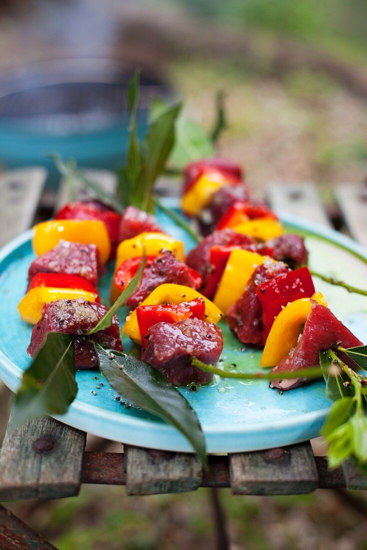 Marinated beef kebabs with peppers