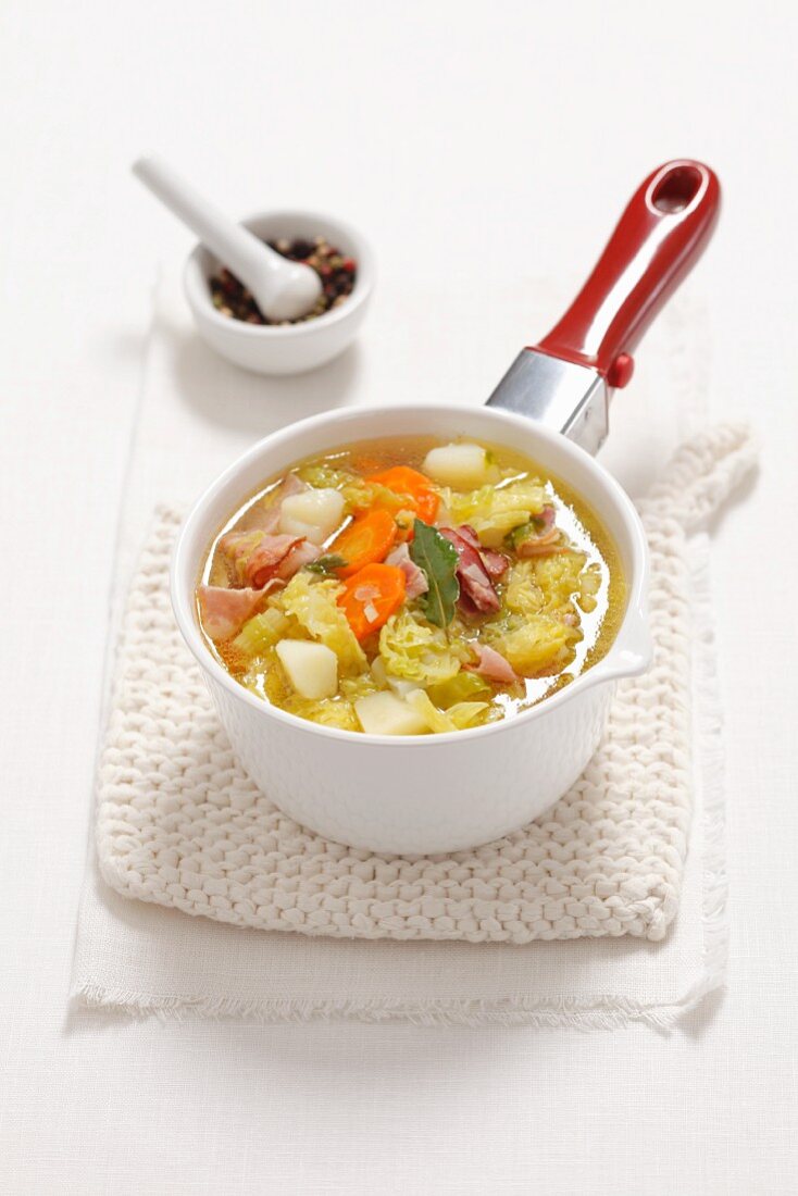 Savoy cabbage and potato soup with pancetta