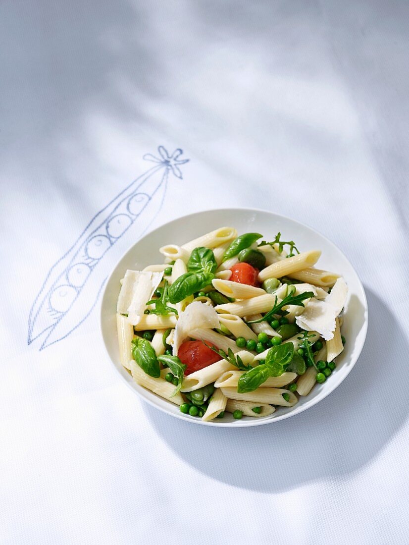 Penne with spring vegetables and Parmesan