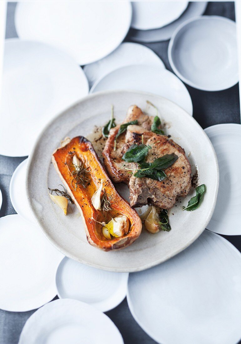 Pork chops with sage and baked butternut squash