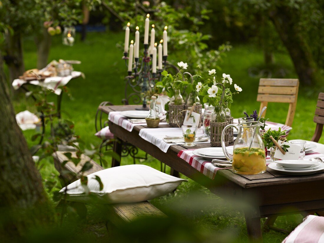 A table laid with punch under trees