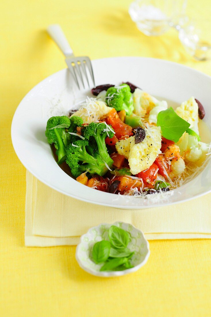 Broccoli and cauliflower stew with polenta dumplings